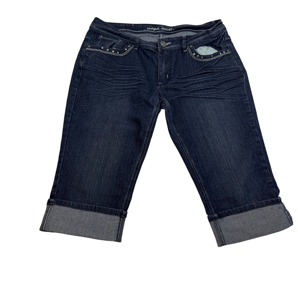 Mega Wear Womens Dark Wash Studded Cuffed Capri Jeans Size 12 Cropped Denim